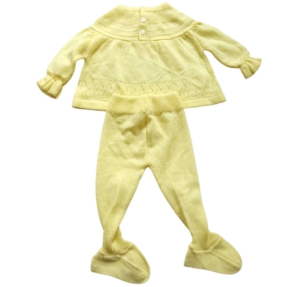 Vintage Yellow Knit Embroidered Chicks Easter 2 Piece Sweater Set 3 Mo